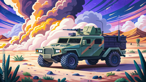 desert war zone featuring military vehicles in a dusty battlefield cartoon vector perfect for game assets, posters, educational content, and war-themed design