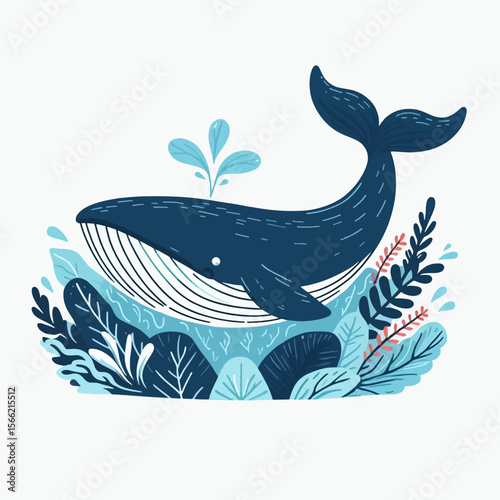 Cheerful depiction of a whale positioned among various aquatic plants against a plain background.  The whale's design is charming and child-friendly.