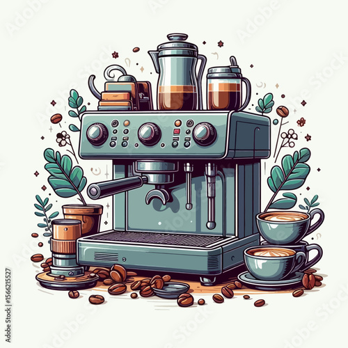 Vibrant graphic design of a retro espresso machine surrounded by coffee accessories and greenery.  The artwork showcases a detailed arrangement of cups, coffee beans, and plant elements.