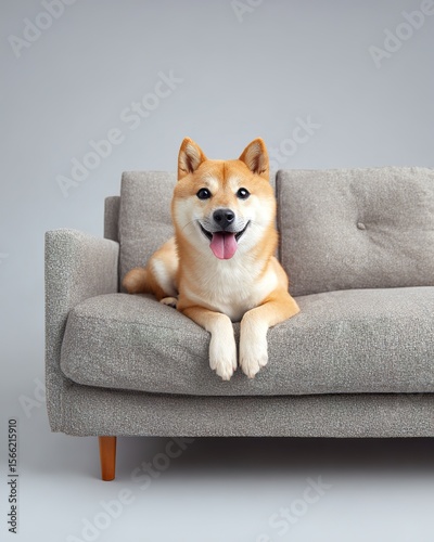 Adorable Shiba Inu Puppy Relaxing on Sofa with Paws Elevated and Tongue Playfully Out, Set Against a Clean and Bright Background with Photorealistic Detail