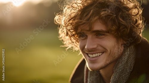 Young Man Smiling in Sunlit Golden Hour, Upper Body Portrait with Blurred Green Meadow Background, Soft Natural Side Lighting