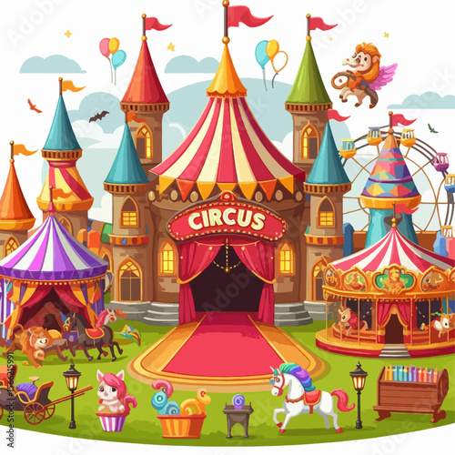 Vibrant, cartoonish illustration of a circus nestled within a colorful, castle-like structure, featuring various amusement park rides and animals.  It is a whimsical scene full of fantasy elements.