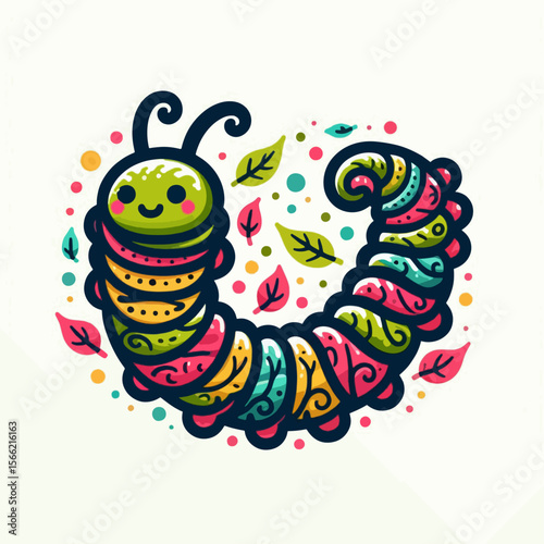 Cheerful, cartoonish caterpillar, decorated with colorful patterns and swirls, displayed in a circular composition.  Surrounded by stylized leaves and dots.