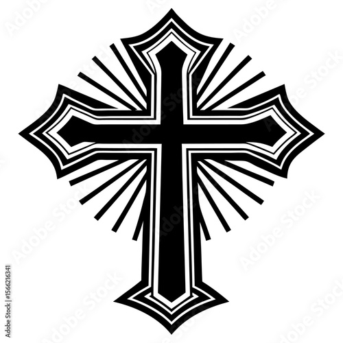 Ornate Cross with Radiating Lines in Bold Black and White Design