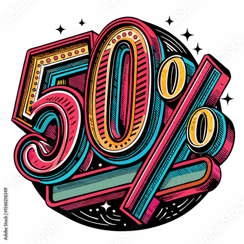 Colorful Retro 50% Off Illustration for Sale Promotions and Discounts