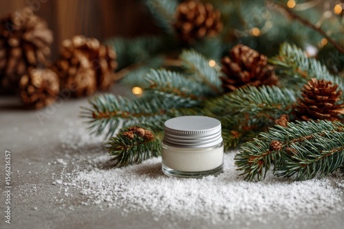 Cream Jar with Evergreen Branch and Pinecone