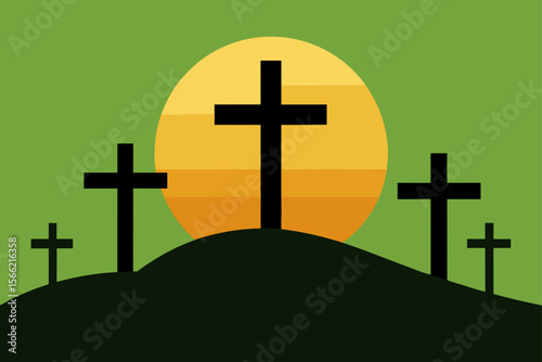 Sunset Silhouette Three Crosses on a Hilltop