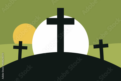 Sunset Silhouette Three Crosses on a Hilltop