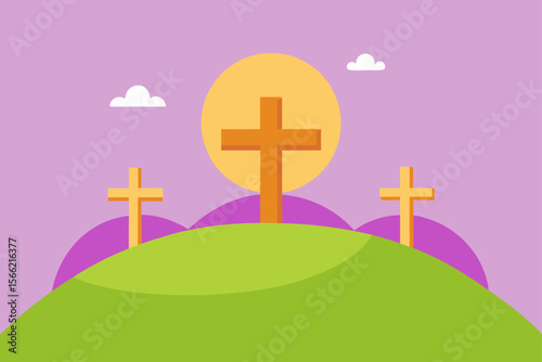 Easter Resurrection Three Crosses on a Hilltop at Sunrise