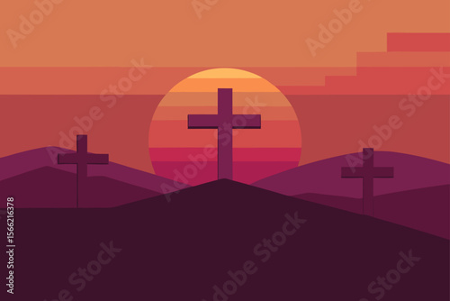 Sunset Silhouette Three Crosses on Hills at Dusk