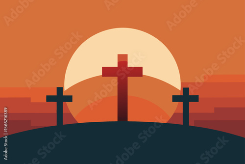 Sunset Silhouette Three Crosses on a Hill