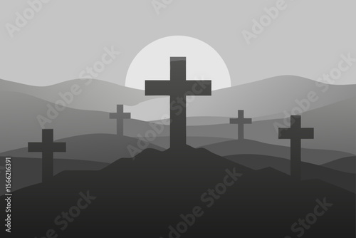 Sunset over Graveyard Crosses Silhouette Landscape