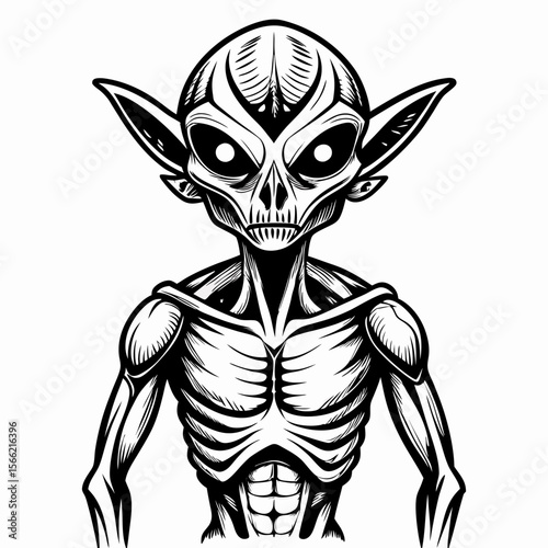Black and White Alien Illustration with Skeletal Features and Large Eyes