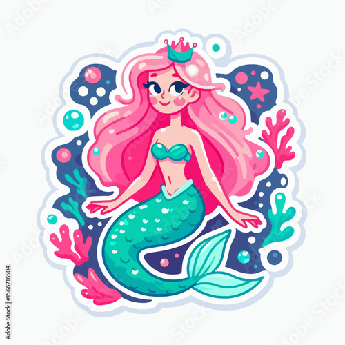Cheerful cartoon mermaid princess, adorned with a crown, seated among ocean elements in a vibrant design.