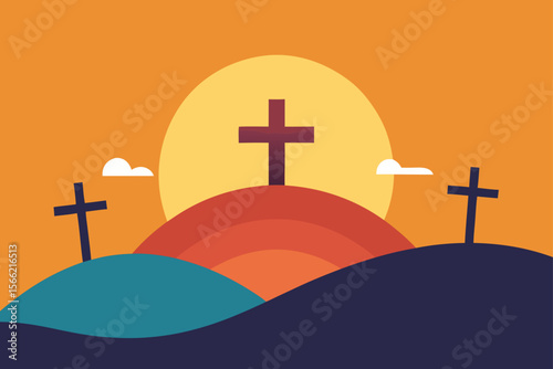 3D Sunrise Scene With Rugged Crosses Easter Symbolism