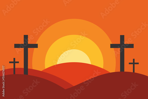3D Sunrise Scene With Rugged Crosses Easter Symbolism