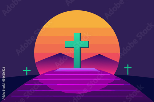 3D Symbolic Scene With Glowing Horizon And Crosses