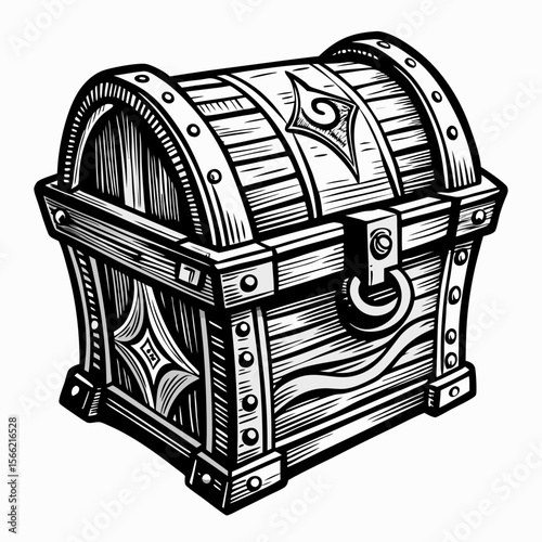 Intricately Designed Wooden Treasure Chest with Vintage Lock and Metal Accents