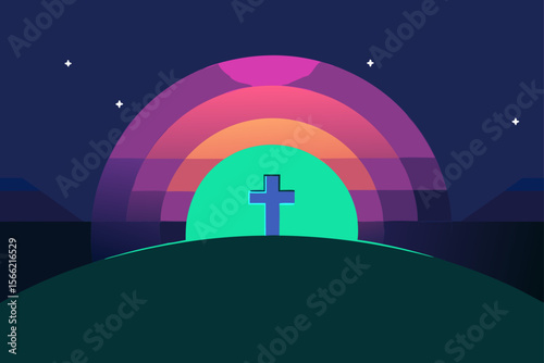 3D Symbolic Scene With Glowing Horizon And Crosses