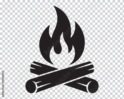 Black campfire icon with flames and logs wood