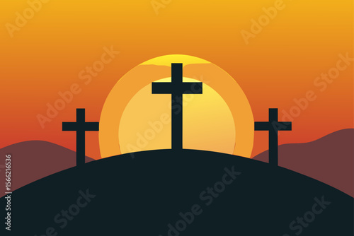 Crosses Standing Tall On Sunrise Hill 3D Render