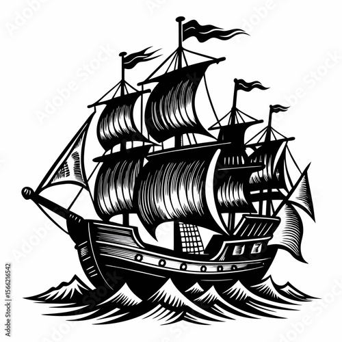 Vintage Sailing Ship Illustration with Black Sails on Ocean Waves