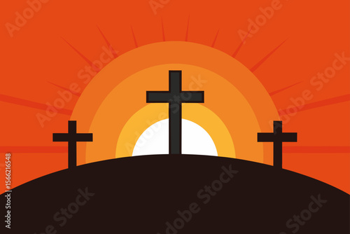 Crosses Standing Tall On Sunrise Hill 3D Render