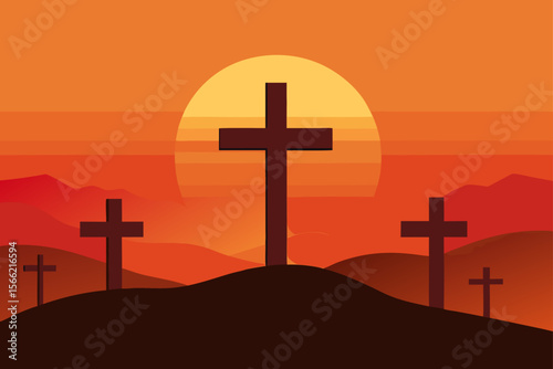 Peaceful Christian Scene At Sunrise With Wooden Crosses