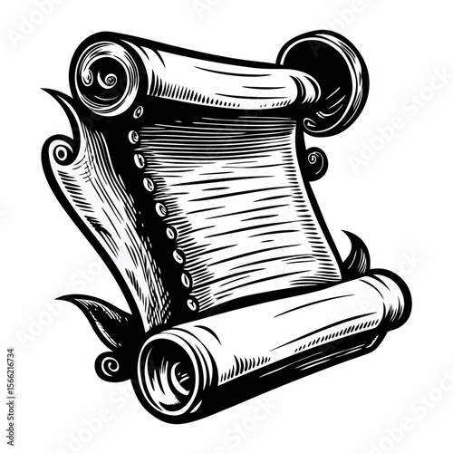 Vintage Scroll Illustration with Elegant Curved Details and Blank Center
