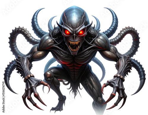 Scary Alien Monster with Claws and Tentacles, PNG Transparent