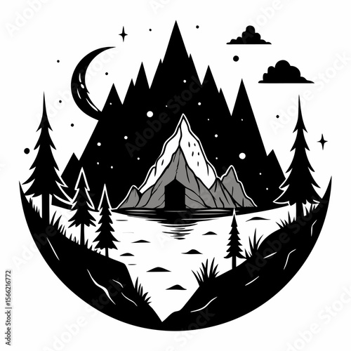 Monochrome Mountain Scene Nighttime Wilderness Landscape with Stars and Crescent Moon
