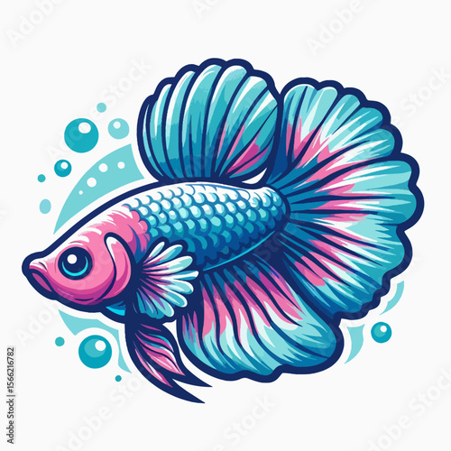 Stylized illustration of a betta fish, showcasing vibrant hues of pink and turquoise.  The fish's large, detailed fins and scales are depicted with a graphic style, creating an attractive visual.