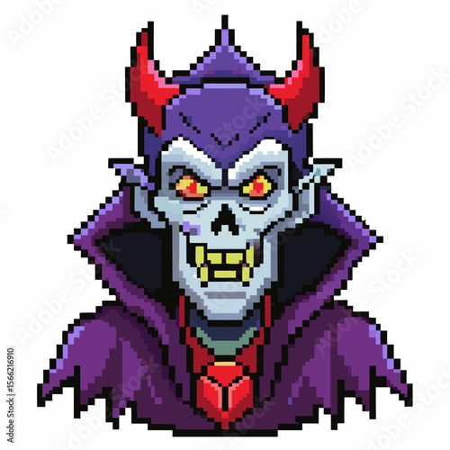 Pixel Art Demon Skeleton Figure in Purple Cloak with Red Horns   Retro Video Game Style