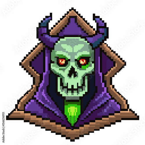 Pixel Art Skeleton with Red Eyes and Purple Hood in Retro Gaming Style