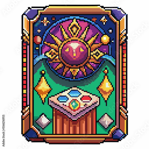 Retro Pixel Art Tarot Card with Sun Motif and Geometric Elements in Vibrant Colors
