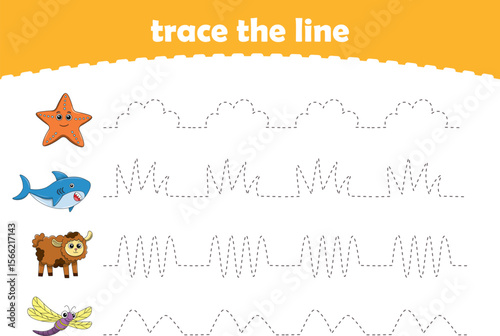 Handwriting Practice. Tracing lines for kids with animals. Vector Illustration