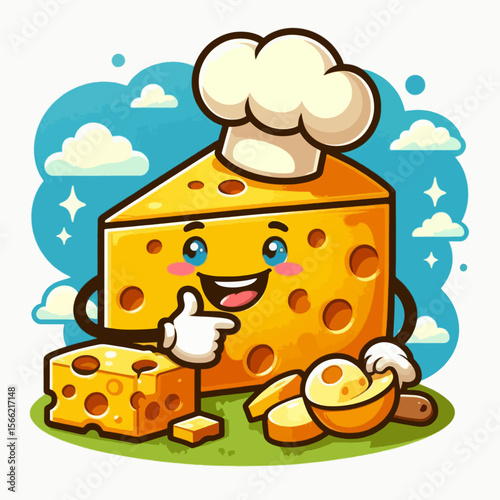 Cartoon depiction of a triangular cheese wedge wearing a chef's hat,  with a cheerful expression and  surrounded by other cheese pieces,  representing food and  happiness.