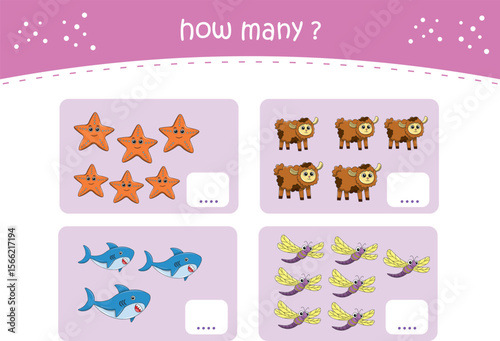 Count and match activity page for kids with cute wild animals. Elementary math for preschool and kindergarten. Vector illustration