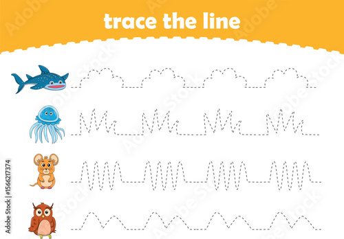 Handwriting Practice. Tracing lines for kids with animals. Vector Illustration