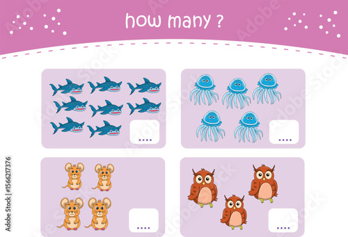 Count and match activity page for kids with cute wild animals. Elementary math for preschool and kindergarten. Vector illustration