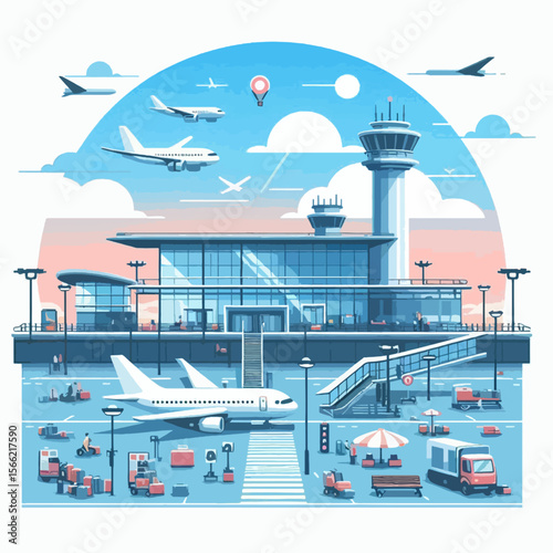 Vibrant illustration of a modern airport terminal, showing various activities like boarding, baggage handling, and passenger movement