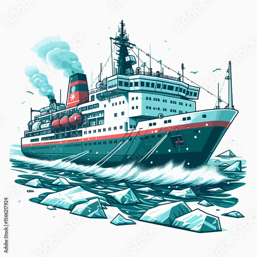 Bold graphic illustration of a vessel moving through icy water, filled with vibrant color.