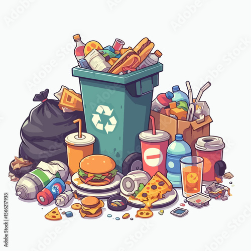 Cartoon depiction of a large, overflowing garbage bin filled with a variety of discarded food and drink containers, highlighting the issue of waste.