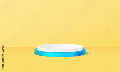 Blue and white podium on yellow background for advertising, product presentation