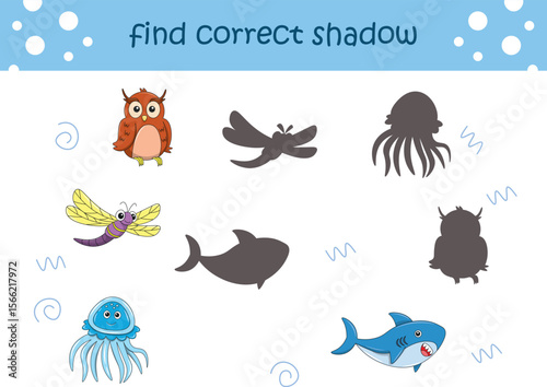 Funny cartoon wild life. Find the correct shadow. Kids Education games. Cartoon vector illustration