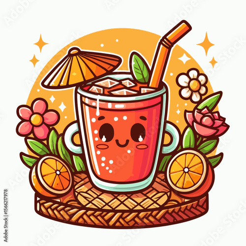 Vibrant cartoon illustration of a refreshing drink, featuring a cute design and surrounding floral elements.  It evokes a summer theme.