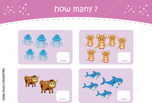 Count and match activity page for kids with cute wild animals. Elementary math for preschool and kindergarten. Vector illustration
