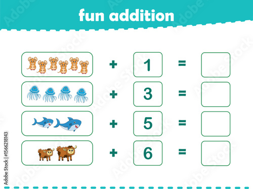 Game for children fun addition by counting cute wild animals pictures printable worksheet vector