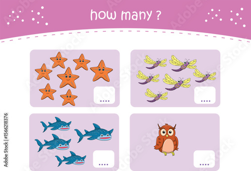Count and match activity page for kids with cute wild animals. Elementary math for preschool and kindergarten. Vector illustration