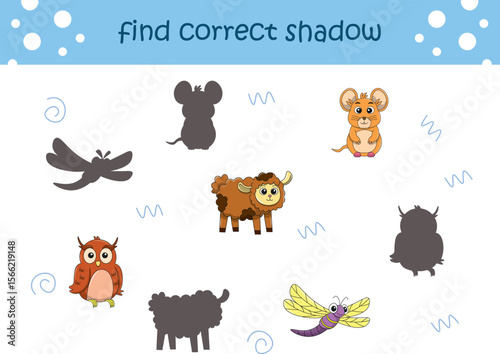Funny cartoon wild life. Find the correct shadow. Kids Education games. Cartoon vector illustration